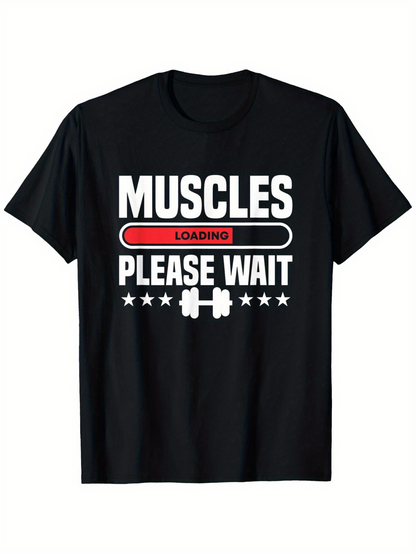 Men's Graphic T-Shirt Muscles Loading Please Wait With Barbell Icons And White Stars