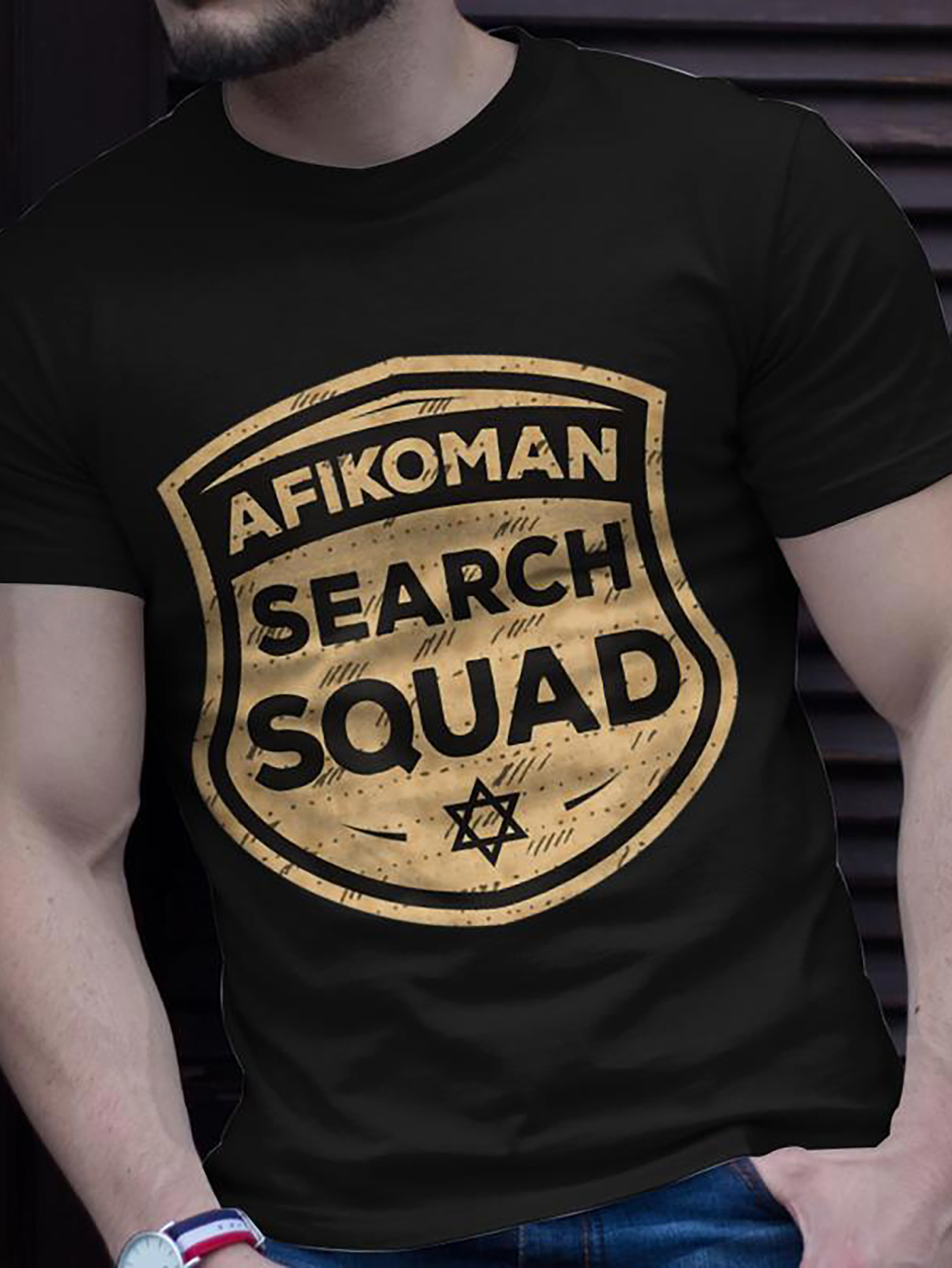 Men's Graphic T-Shirt Afikoman Search Squad Gold Badge With Textured Vintage Shield Star
