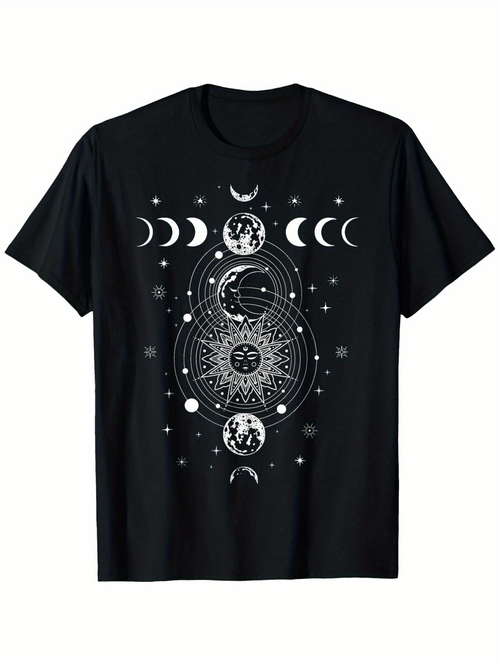 Men's Graphic T-Shirt Celestial Phases With Sacred Geometry Surrounded By Mystical Symbols Moon