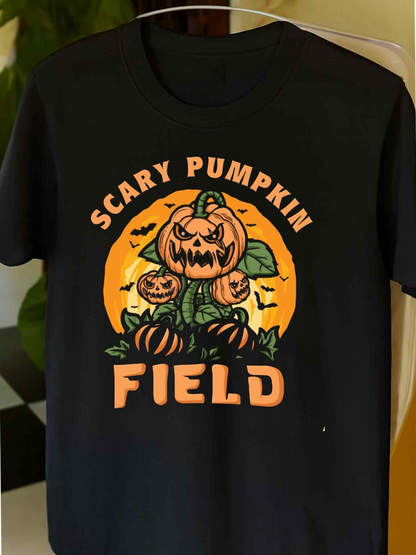 Men's Graphic T-Shirt Scary Pumpkin Field With Glowing Jackolanterns Surrounded By Bats On Dark Night Pumpkin