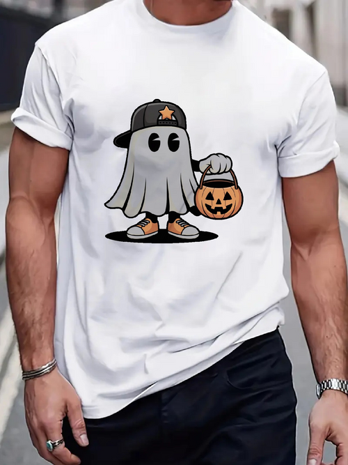 Men's Graphic T-Shirt Halloween Ghost With Baseball Cap And Pumpkin Lantern