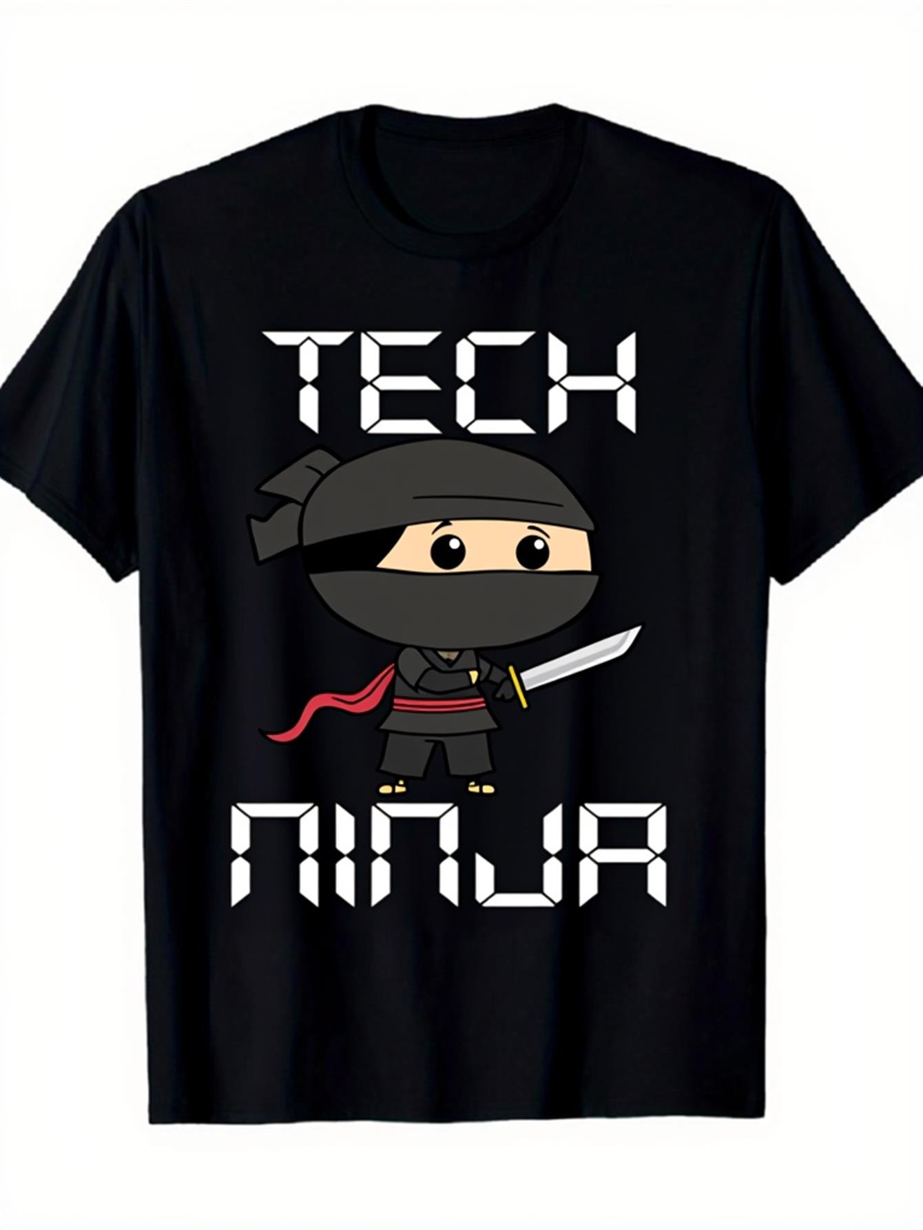 Men's Graphic T-Shirt Tech Ninja With Cartoon Sword Wielding Character And Pixel Art Ninja