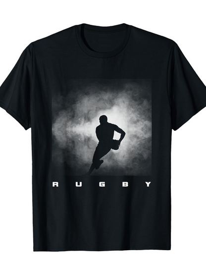 Men's Graphic T-Shirt Rugby Player Sprinting Through Stormy Mist Silhouette