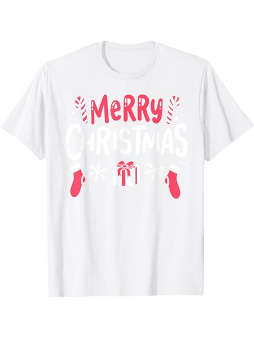 Men's Graphic T-Shirt Merry Christmas Lettering With Candy Canes And Gift Box Surrounded By Festive Mittens
