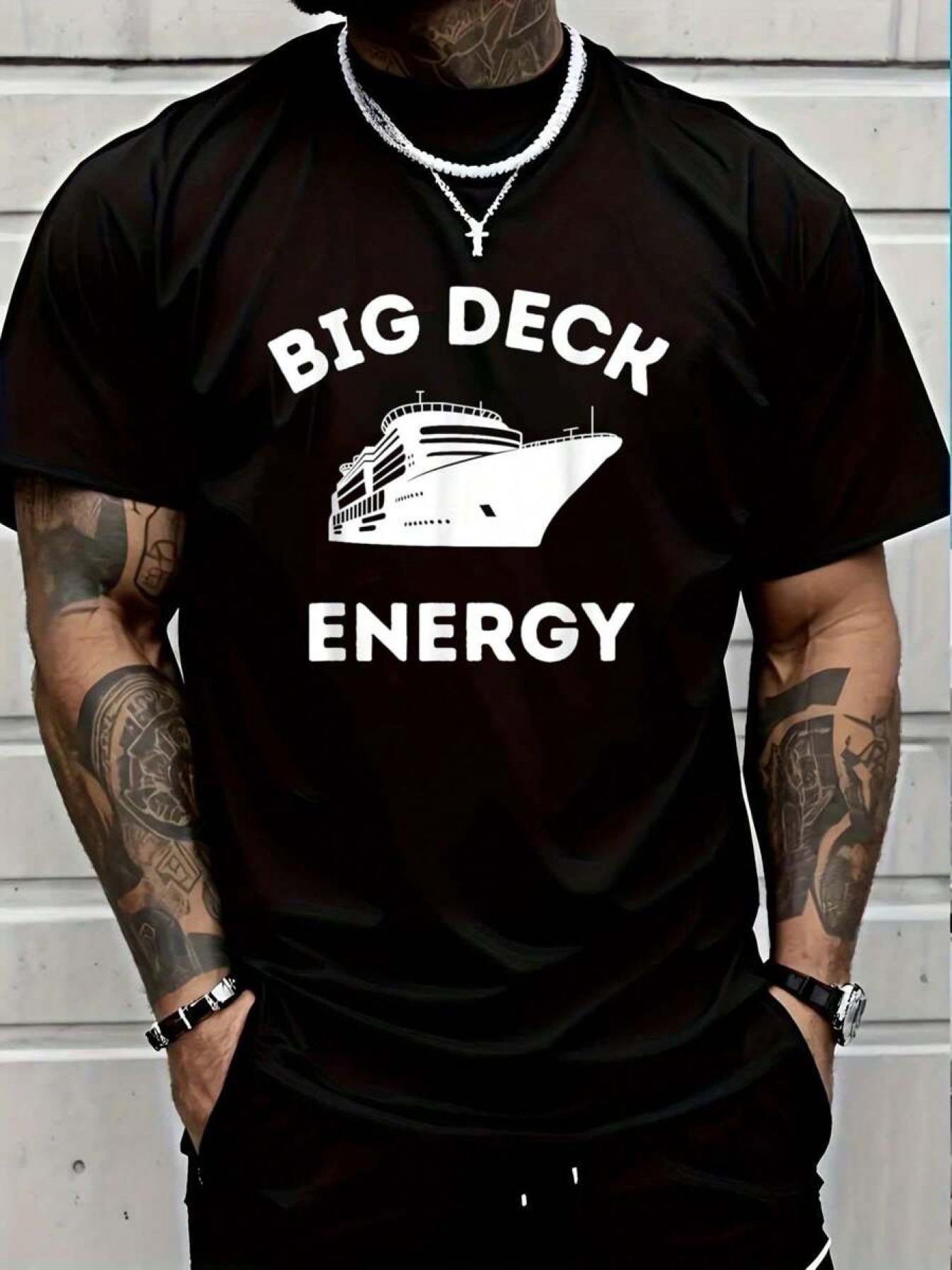 Men's Graphic T-Shirt Big Deck Energy Bold Letters And White Cruise Ship Graphic