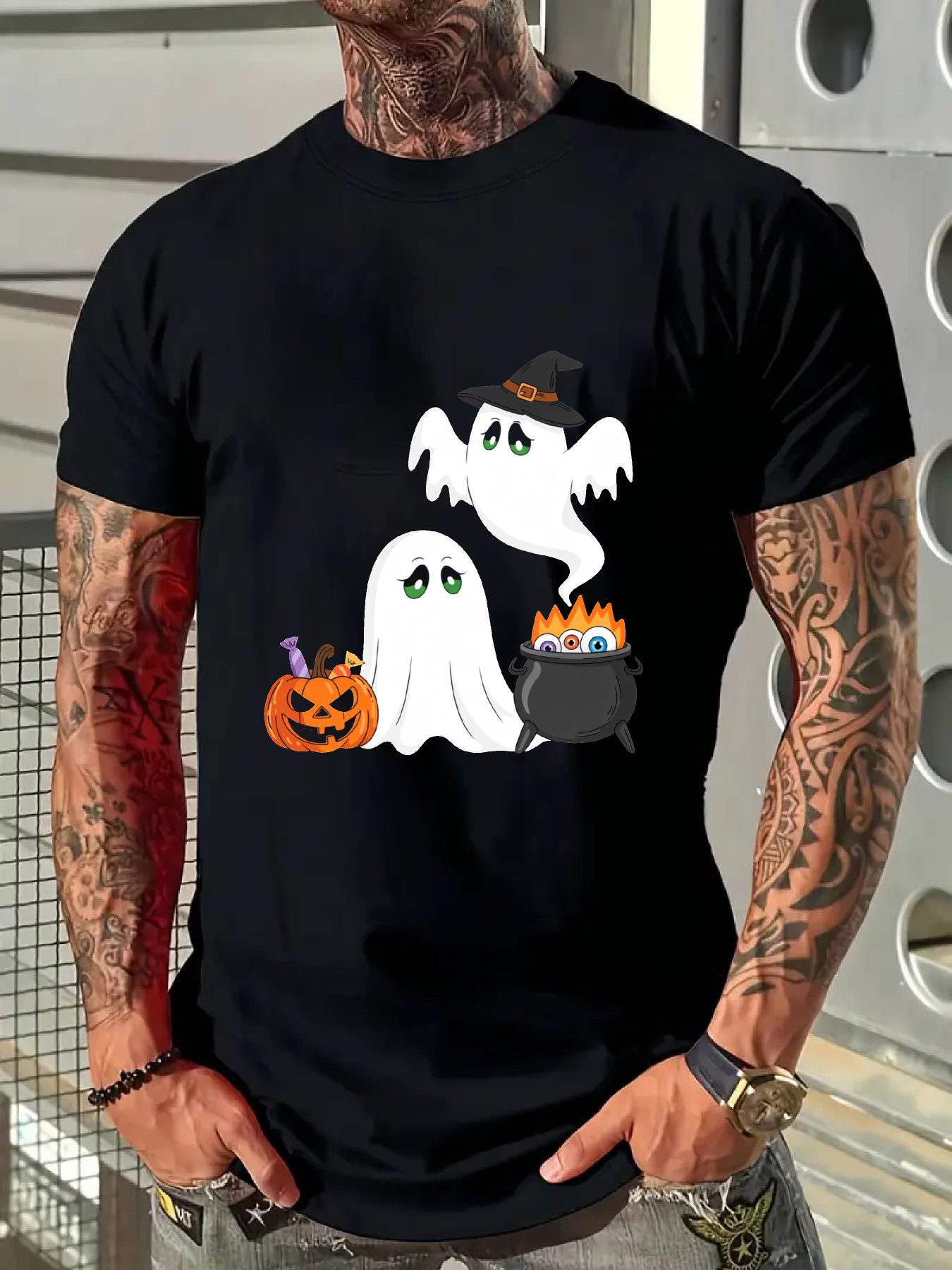 Men's Graphic T-Shirt Playful Ghosts With Halloween Pumpkin And Bubbling Cauldron Ghost