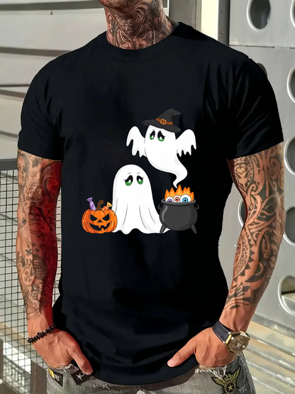 Men's Graphic T-Shirt Playful Ghosts With Halloween Pumpkin And Bubbling Cauldron Ghost