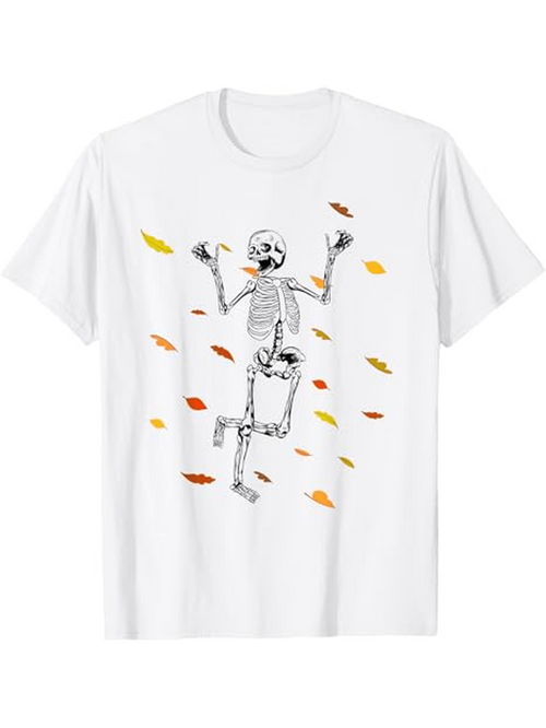 Men's Graphic T-Shirt Colorful Autumn Leaves Dancing With Happy Skeleton