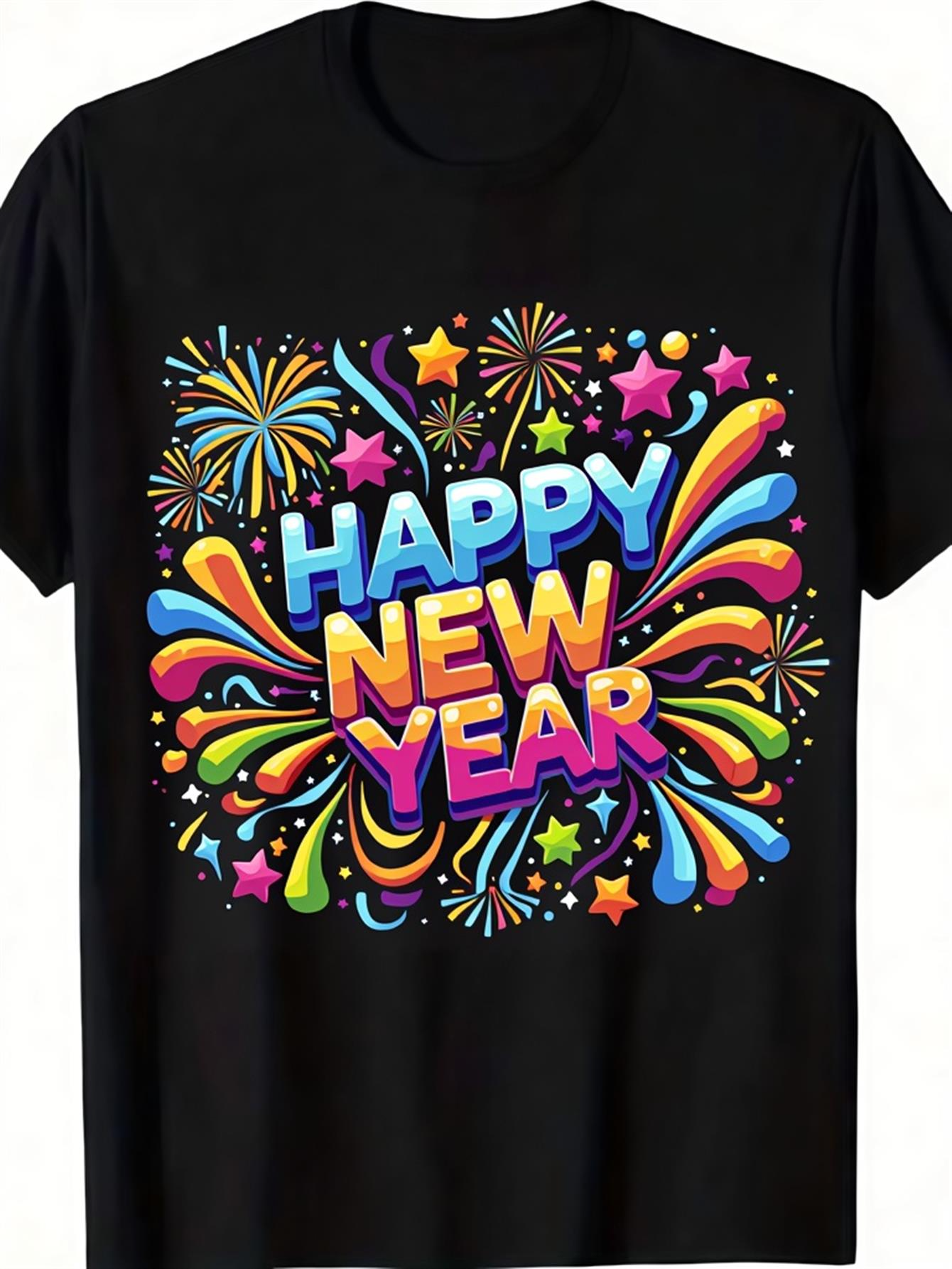 Men's Graphic T-Shirt Happy New Year Colorful Fireworks With Stars And Splash Bursts
