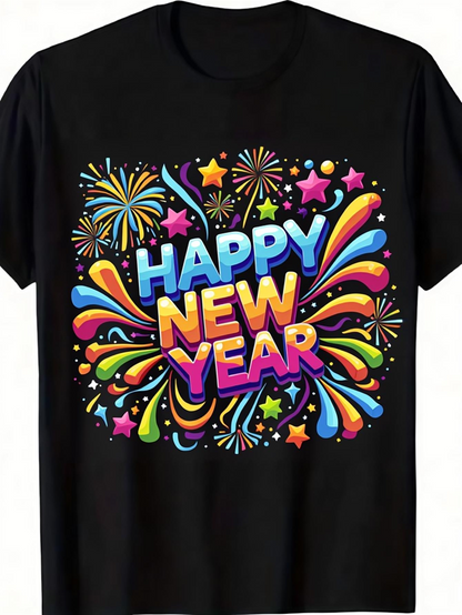 Men's Graphic T-Shirt Happy New Year Colorful Fireworks With Stars And Splash Bursts