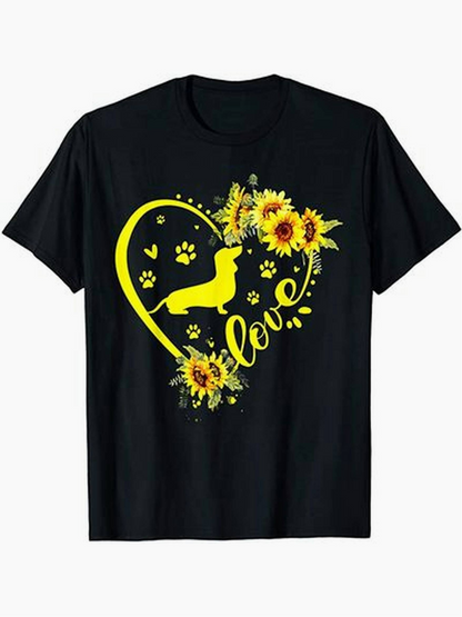 Men's Graphic T-Shirt Love Heart With Bright Sunflowers And Paw Prints Dog
