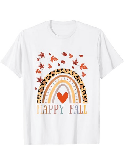Men's Graphic T-Shirt Happy Fall With Autumn Leaves Rainbow And Heart Graphic