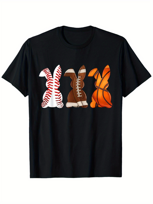 Men's Graphic T-Shirt Bunnies With Baseball Football Basketball Patterns On Black T Shirt