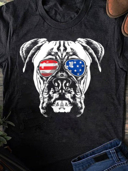 Men's Graphic T-Shirt Patriotic Dog With Sunglasses Reflecting American Flag Colors Bulldog