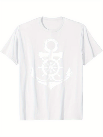Men's Graphic T-Shirt Classic Nautical Anchor And Ship Wheel On Soft White T Shirt