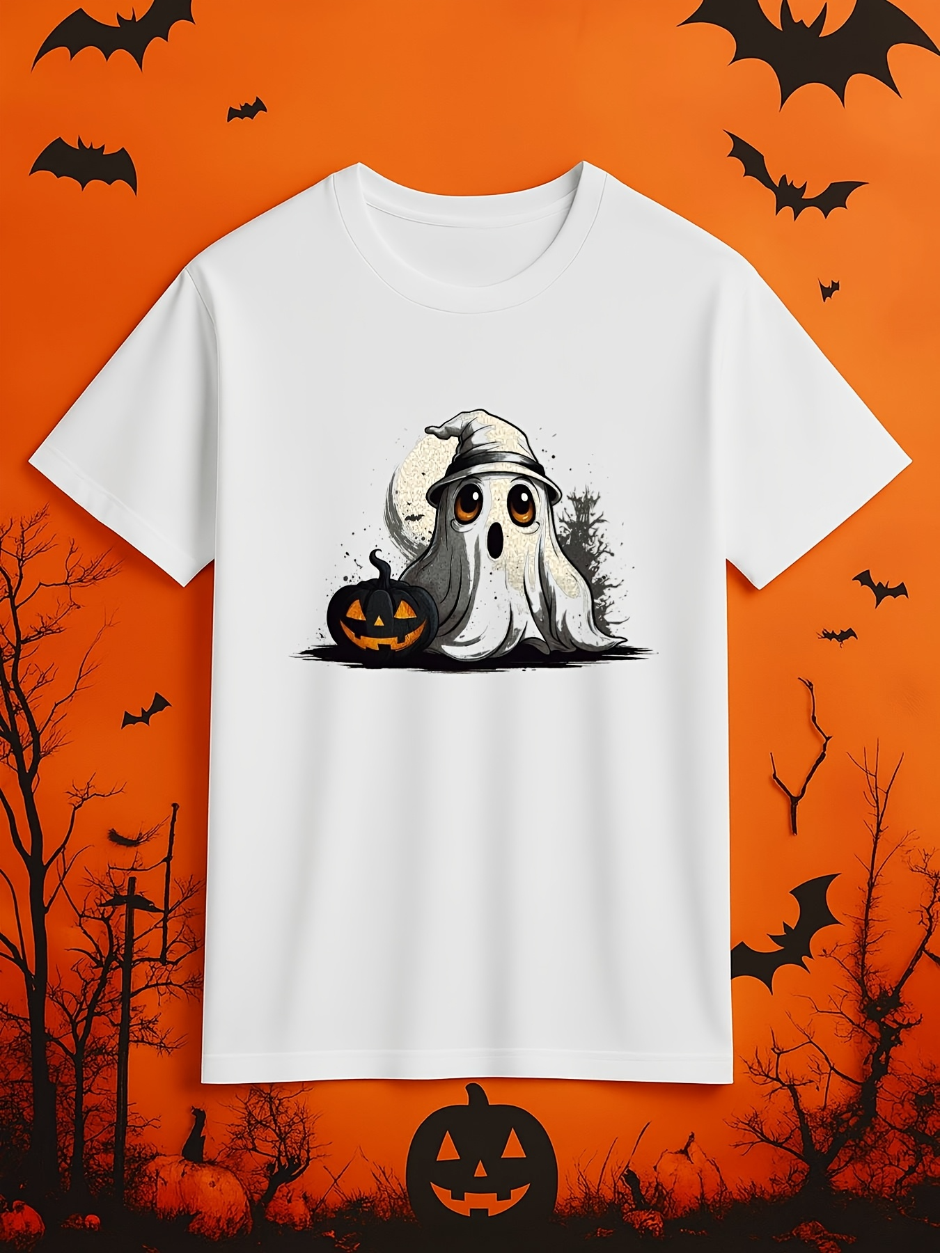 Men's Graphic T-Shirt Spooky Halloween Night With Pumpkin Lantern And Cartoon Ghost