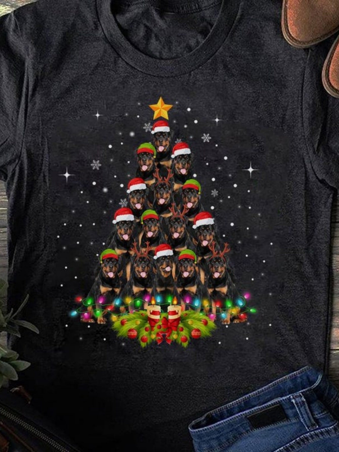 Men's Graphic T-Shirt Playful Dogs With Santa Hats Forming A Festive Christmas Tree