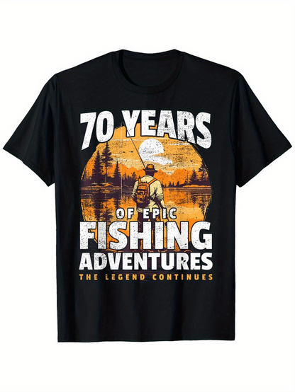 Men's Graphic T-Shirt Seventy Years Of Epic Fishing Among Trees And Water Under Orange Sunset Adventure