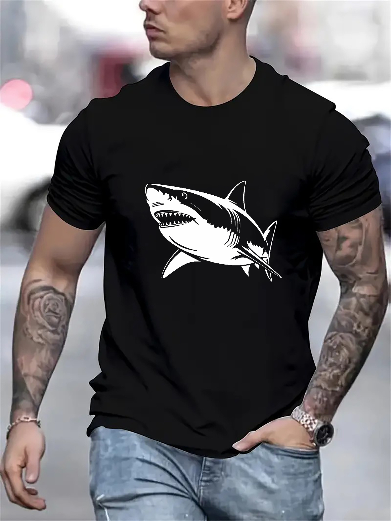 Men's Graphic T-Shirt Bold Urban Street Style Featuring Fierce Shark With Open Jaws Shark