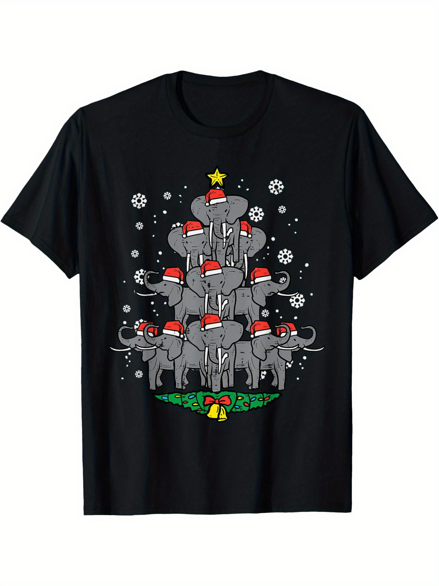 Men's Graphic T-Shirt Playful Winter Snowy Elephants Wearing Festive Red Santa Hats