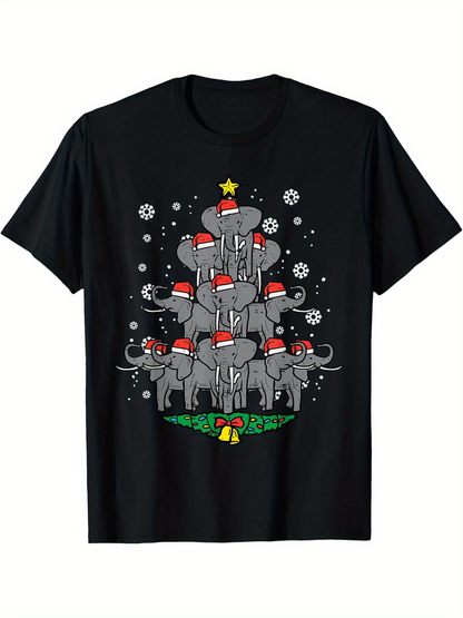 Men's Graphic T-Shirt Playful Winter Snowy Elephants Wearing Festive Red Santa Hats
