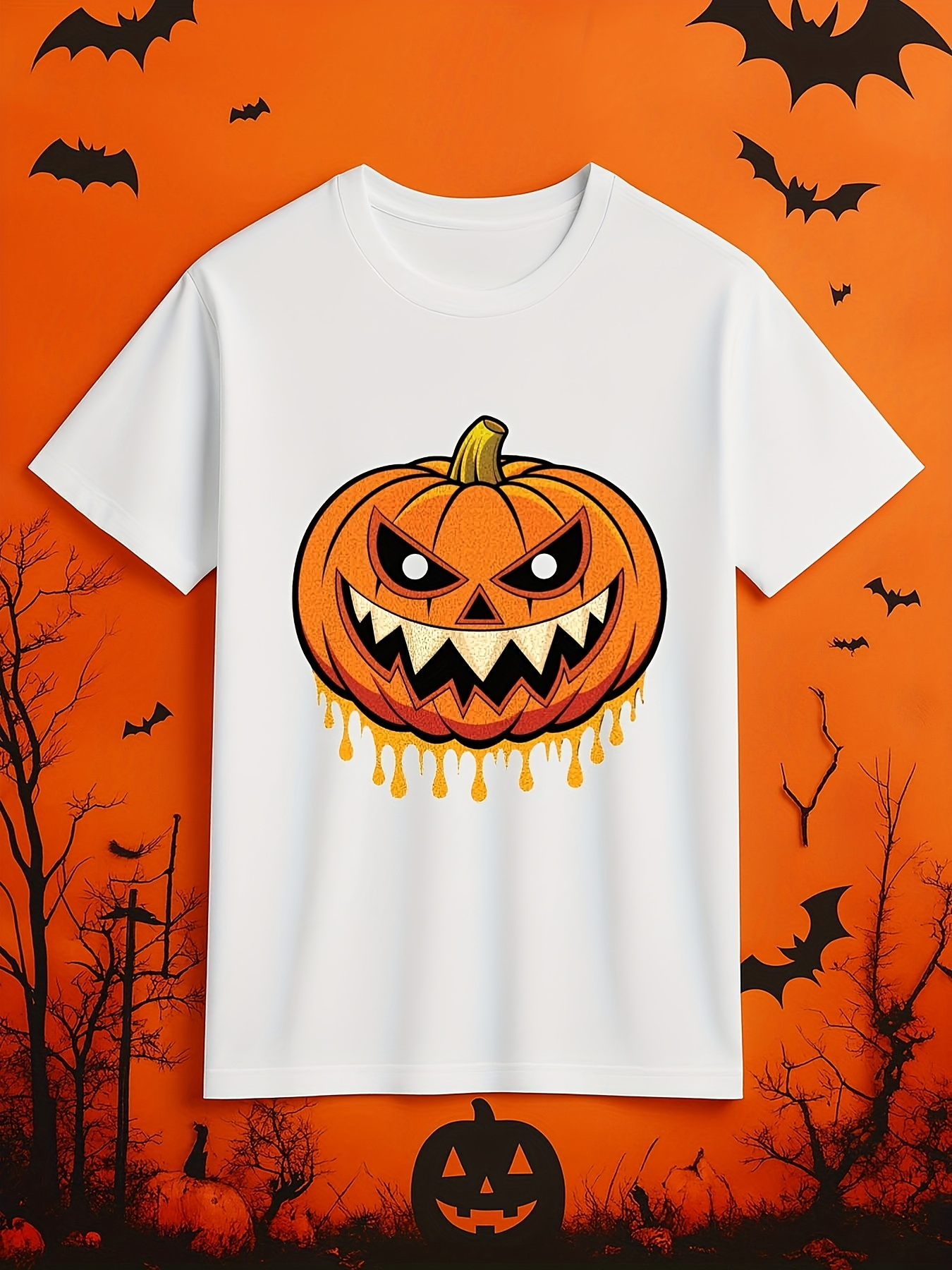 Men's Graphic T-Shirt Fiery Eyes With Dripping Shadows Grinning Pumpkin Among Autumn Bats Pumpkin