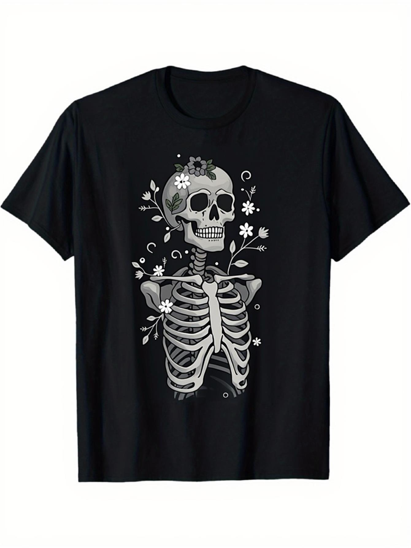 Men's Graphic T-Shirt Botanical Accents With Stylized Ribcage Skeleton Surrounded By Flowers