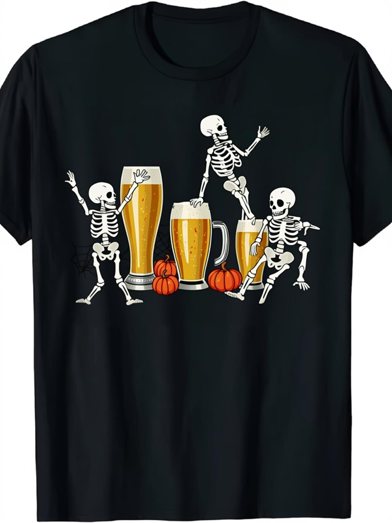 Men's Graphic T-Shirt Dancing Skeletons Among Beer Glasses With Orange Pumpkins Night