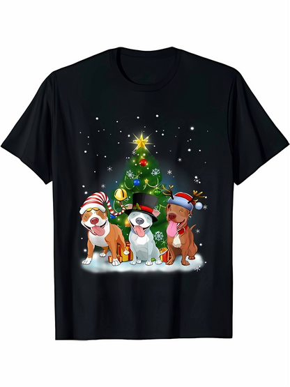 Men's Graphic T-Shirt Playful Puppies Wearing Christmas Hats Around Decorated Christmas Tree