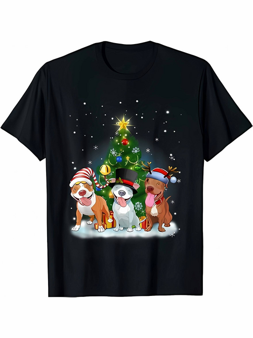 Men's Graphic T-Shirt Playful Puppies Wearing Christmas Hats Around Decorated Christmas Tree