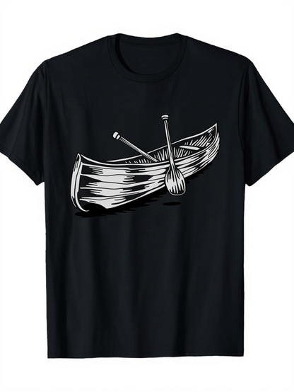 Men's Graphic T-Shirt Vintage Hand Drawn Wooden Boat Crossing Oars Design Canoe