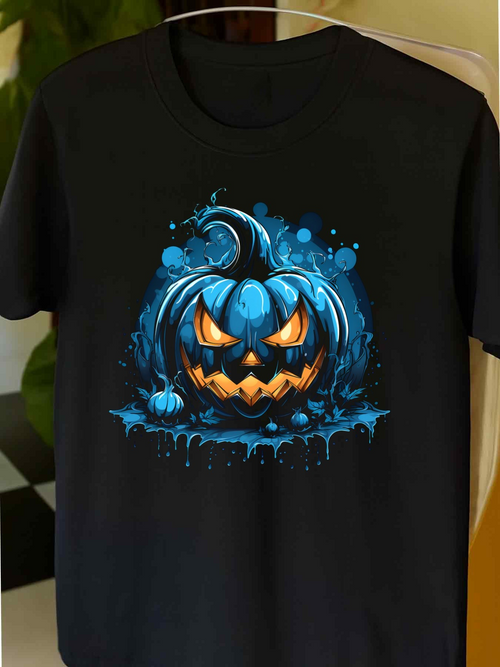 Men's Graphic T-Shirt Moody Blue Swirling Shadows And Glowing Eyes Halloween Pumpkin