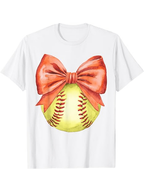 Men's Graphic T-Shirt Hand Painted Softball With Oversized Red Ribbon Bow