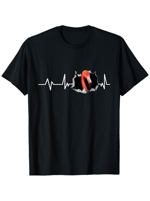 Men's Graphic T-Shirt Heartbeat Line With Pink Flamingo Emerging Through Black Background