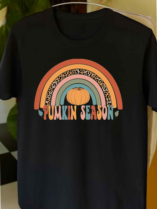 Men's Graphic T-Shirt Pumpkin Season Multicolored Arched Rainbow With Leafy Accents Centered Pumpkin