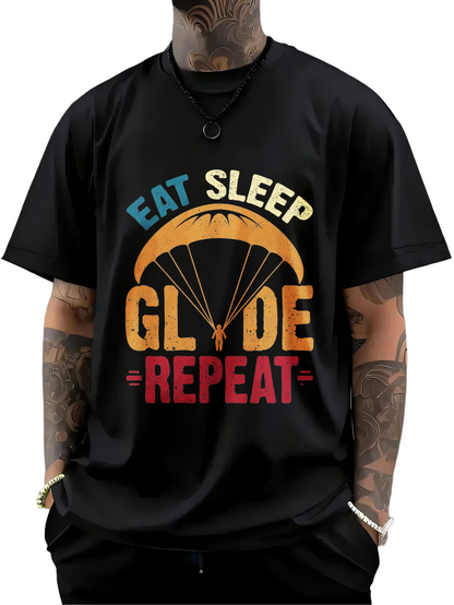 Men's Graphic T-Shirt Eat Sleep Glide Repeat With Vibrant Parachute Under Retro Sunlight