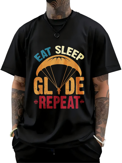 Men's Graphic T-Shirt Eat Sleep Glide Repeat With Vibrant Parachute Under Retro Sunlight