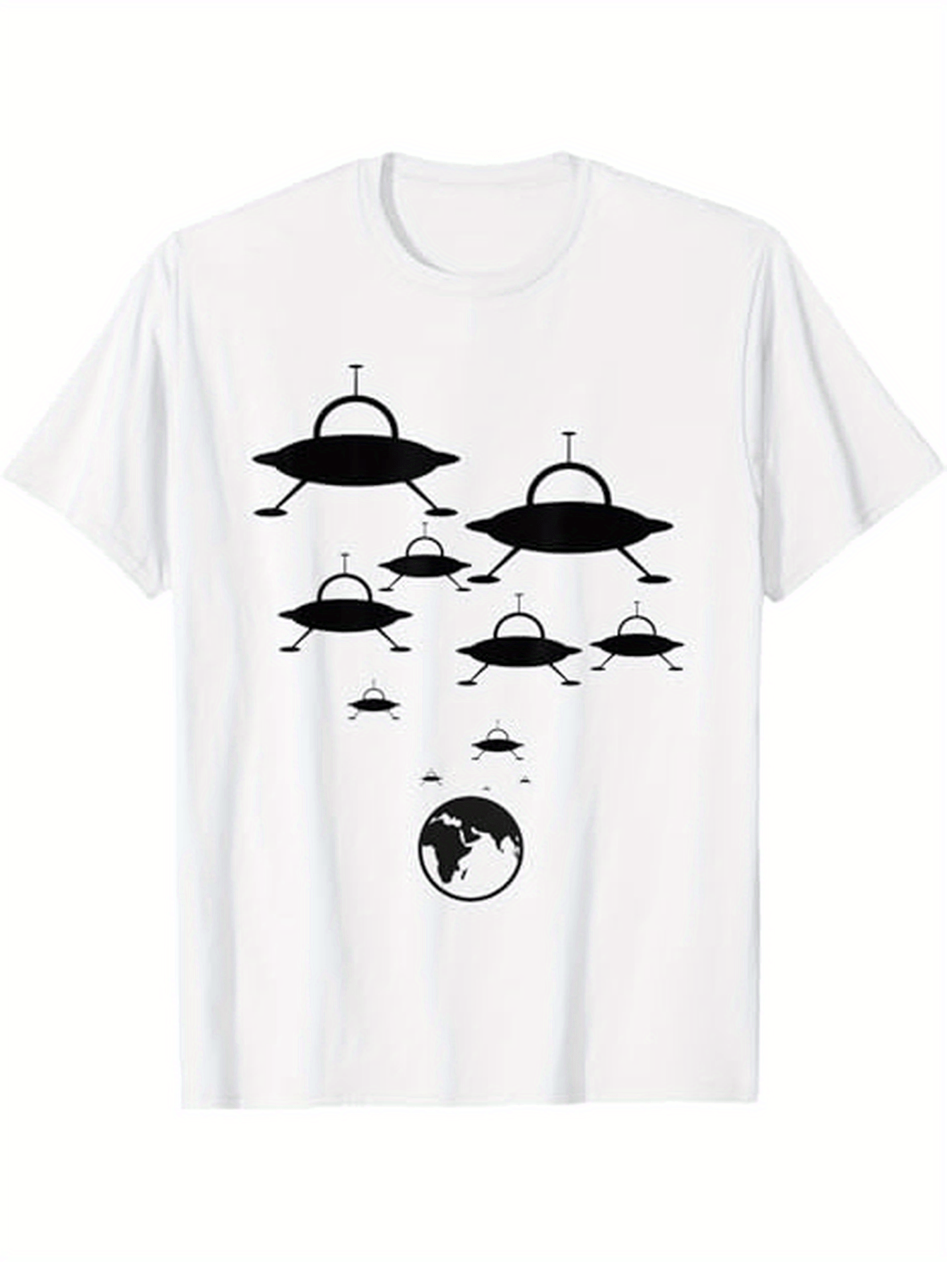 Men's Graphic T-Shirt Ascending Flying Saucers With Silhouettes Above The Small Earth Planet