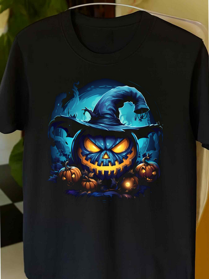 Men's Graphic T-Shirt Glowing Blue Night With Pumpkins And Wicked Witch Hat Jack O Lantern