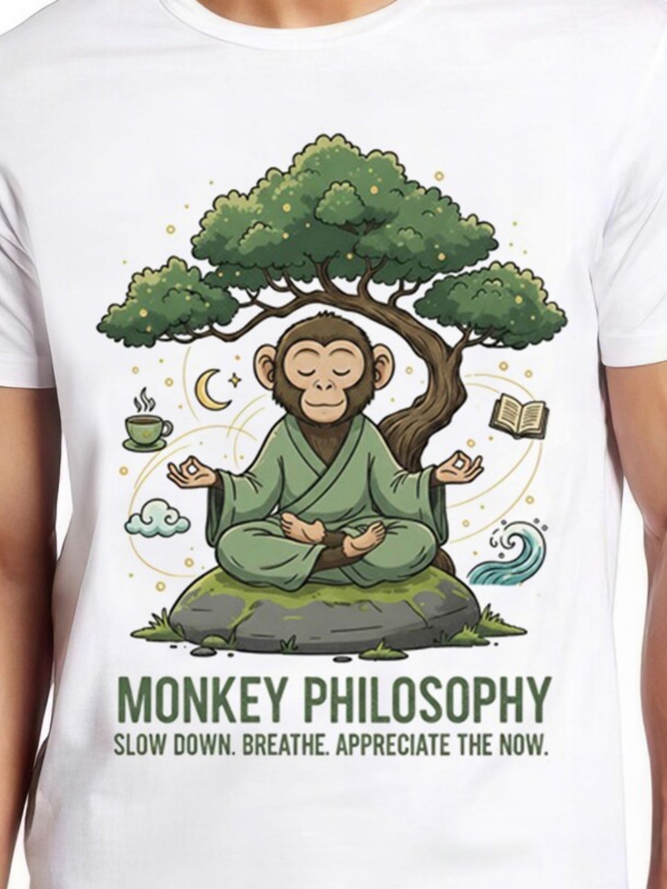 Men's Graphic T-Shirt Monkey Philosophy Meditating Under Lush Tree With Clouds And Book Monkey
