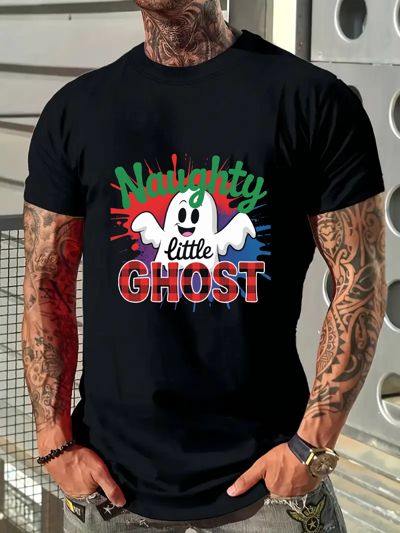 Men's Graphic T-Shirt Naughty Little Ghost With Colorful Paint Splatters Happy Cartoon Ghost