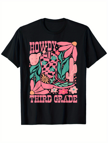 Men's Graphic T-Shirt Howdy Third Grade Vibrant Desert Flowers Cactus And Western Boot