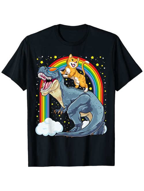 Men's Graphic T-Shirt Colorful Rainbow With Cat Riding Dinosaur Surrounded By Shining Stars