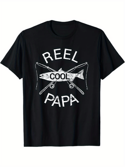 Men's Graphic T-Shirt Reel Cool Papa With Crossed Fishing Rods And Large Detailed Fish