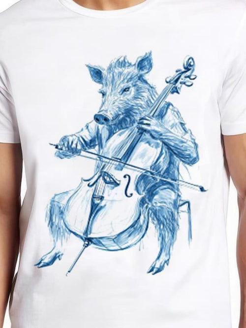 Men's Graphic T-Shirt Blue Sketch Style Wild Boar Playing Classical Cello Seated On Chair