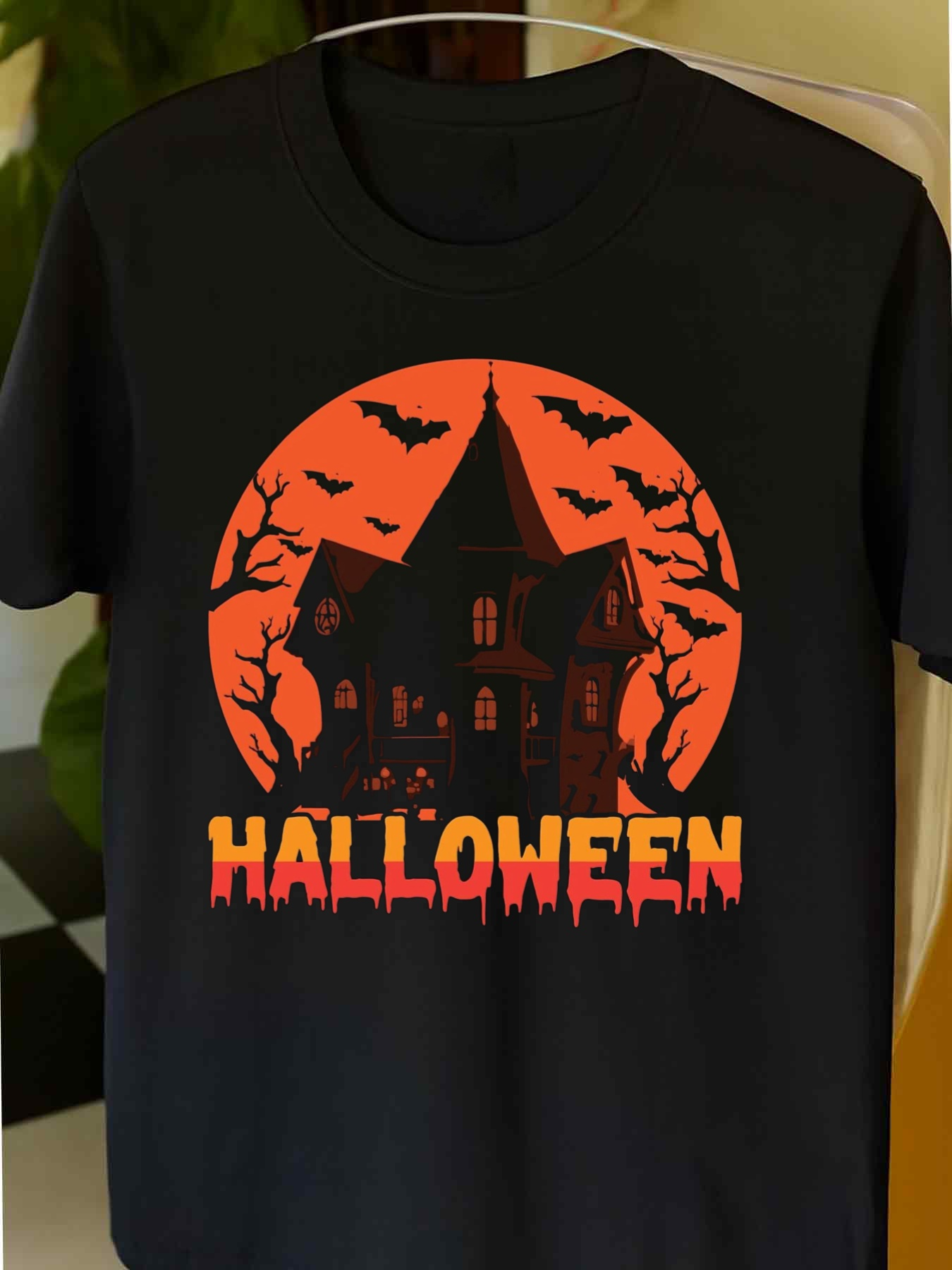 Men's Graphic T-Shirt Halloween Haunted Mansion With Bats Orange Full Moon And Creepy Trees