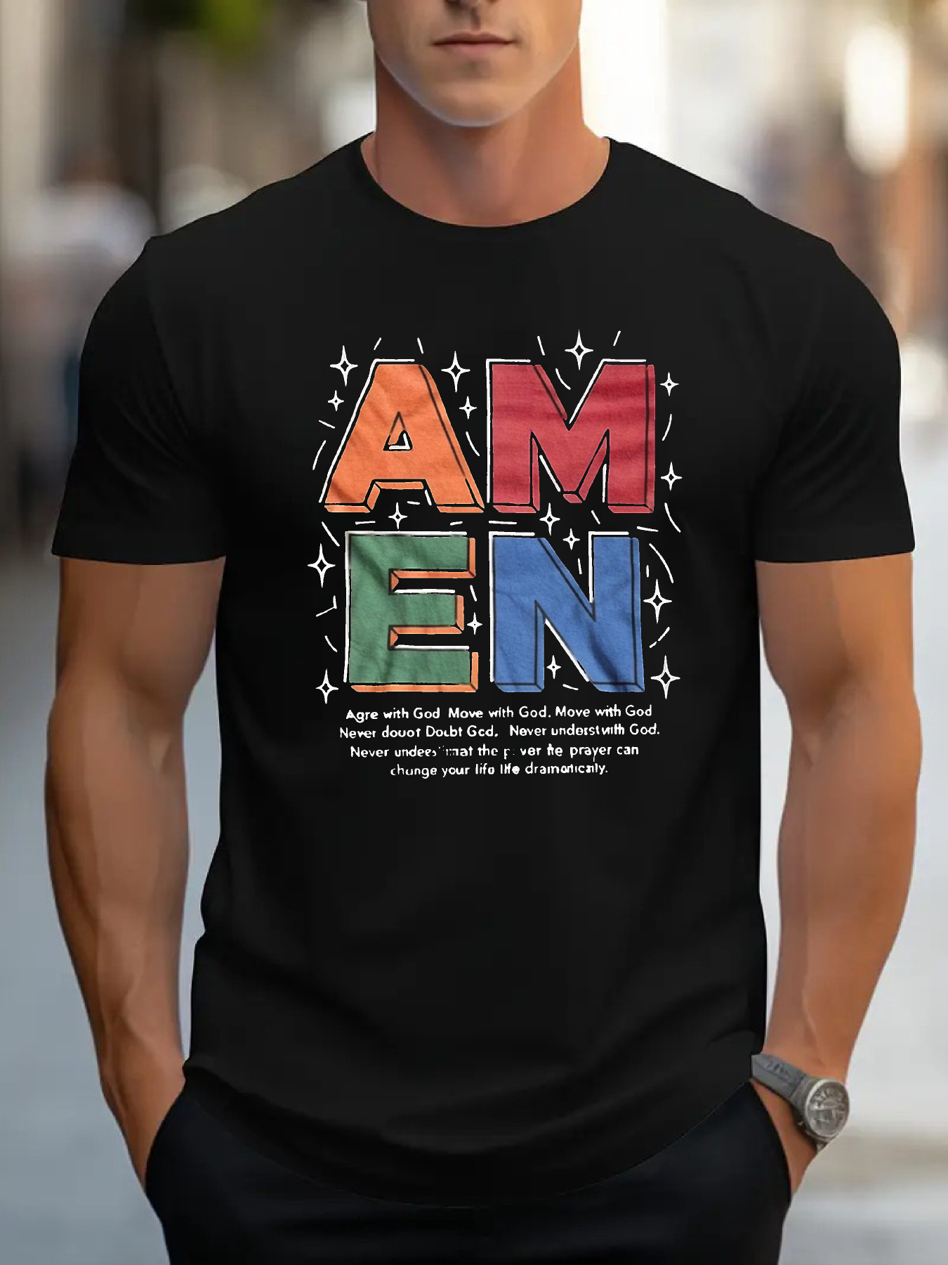 Men's Graphic T-Shirt Amen Typography With Rainbow Colors And Sparkling Bright Accents Amen