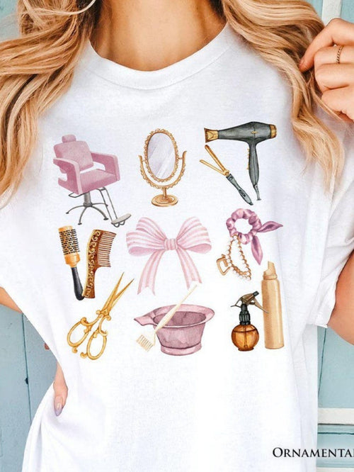 Women's Graphic T-Shirt Pink Salon Tools And Stylish Accessories With Vintage Hairdresser Bow