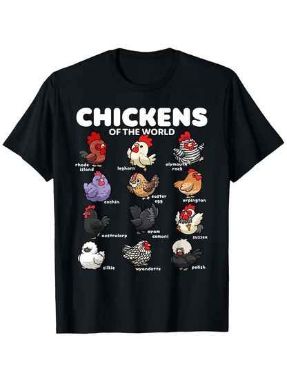 Men's Graphic T-Shirt Chickens Of The World Illustrated Farmyard Breeds On Black T Shirt