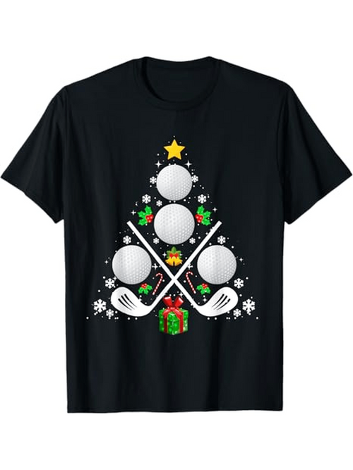Men's Graphic T-Shirt Christmas Tree With Golf Balls And Holiday Snowflake Design